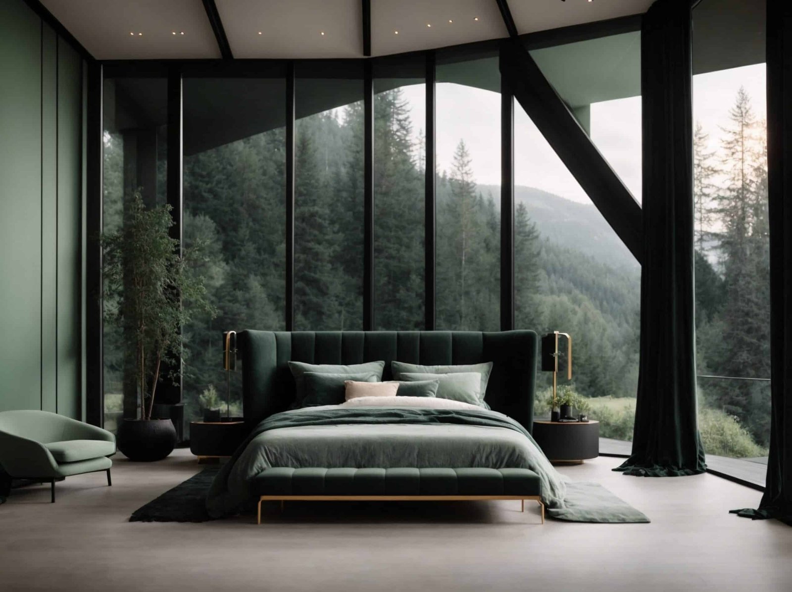 Bedroom With Large Window And Sage Green Bed
