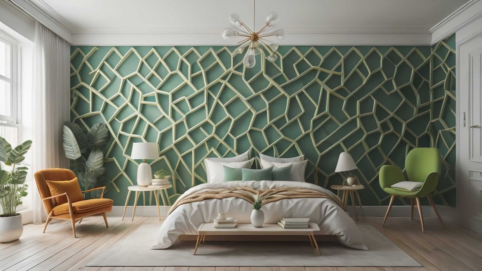 Interior Of Modern Bedroom With Sage Green Tile Wall