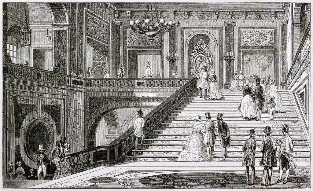 Marble staircase in Versailles castle. Created by Armstrong, published on Magasin Pittoresque, Paris, 1844