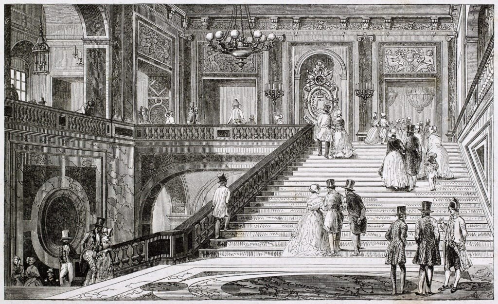 Marble staircase in Versailles castle. Created by Armstrong, published on Magasin Pittoresque, Paris, 1844 Marble staircase in Versailles castle. Created by Armstrong, published on Magasin Pittoresque, Paris, 1844