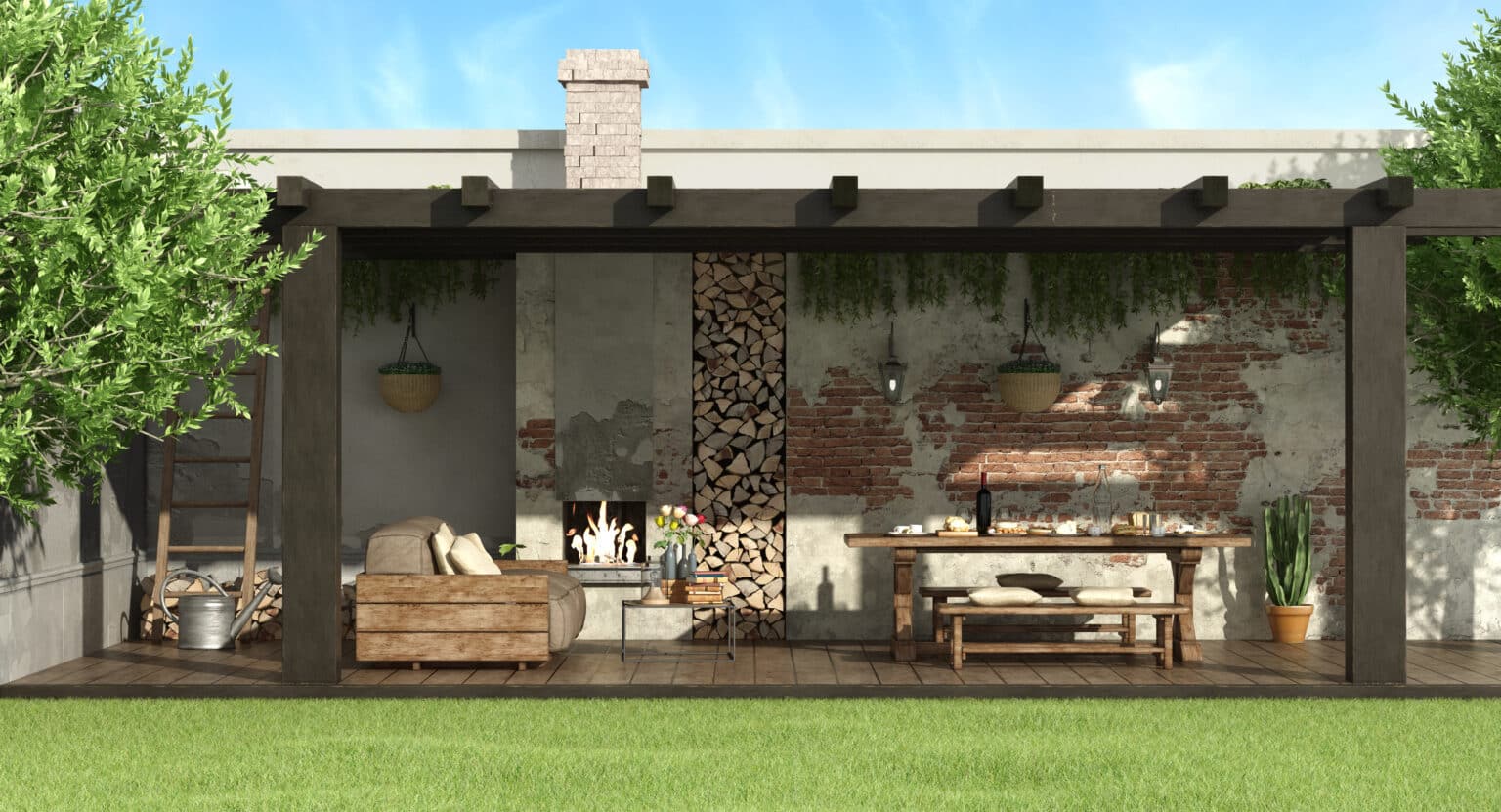 Rustic wood patio furniture pergola
