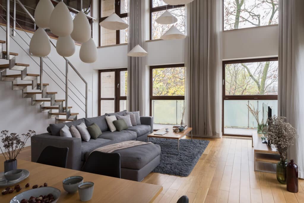 Spacious living room with many pendant lights Spacious living room with many pendant lights