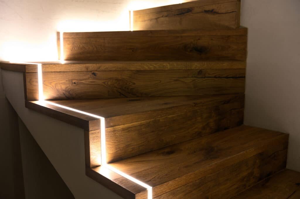 Staircase at Home Illuminated with LED Strip Lights Staircase at Home Illuminated with LED Strip Lights
