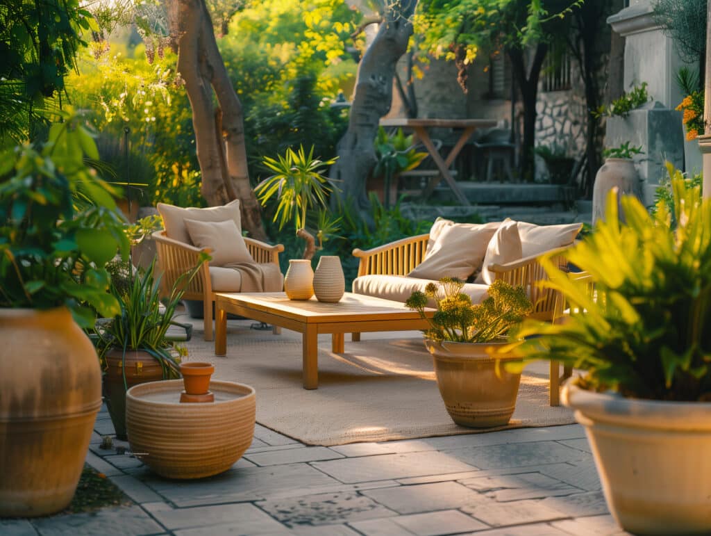 Chairs on a patio surrounded by lush greenery