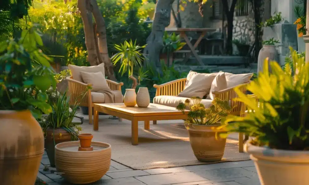 Wooden chairs on a patio surrounded by lush greenery 1200x904 1