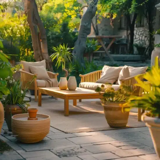 Wooden chairs on a patio surrounded by lush greenery 1200x904 1