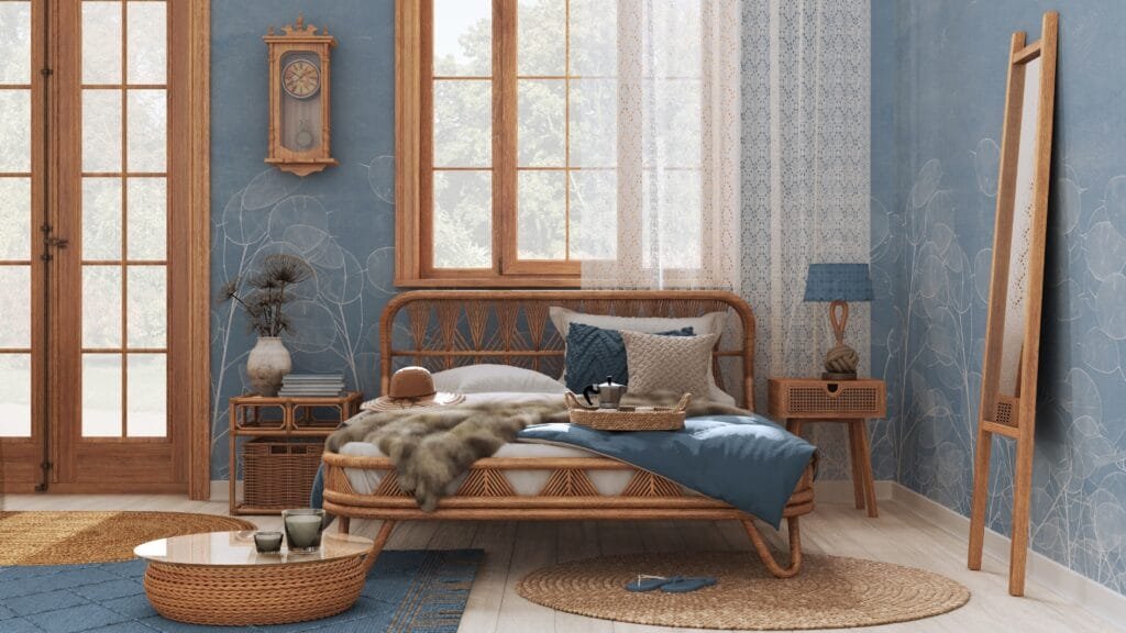 Boho chic farmhouse bedroom with double bed Boho chic farmhouse bedroom with double bed