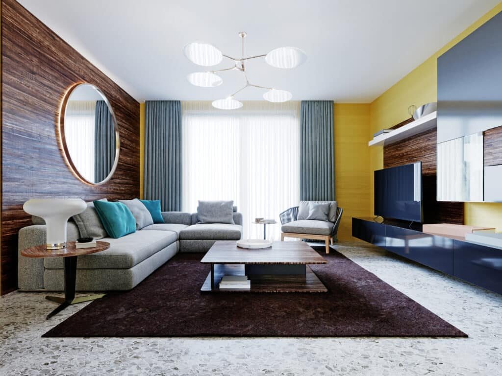 Dining room with modern wall-mounted mirror Dining room with modern wall-mounted mirror