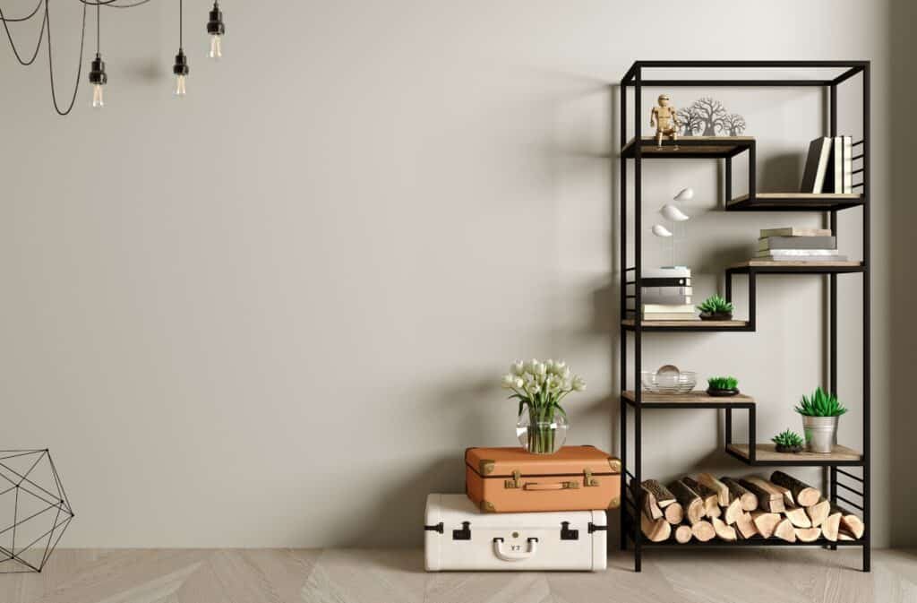 Modern interior in loft style with industrial bookcases