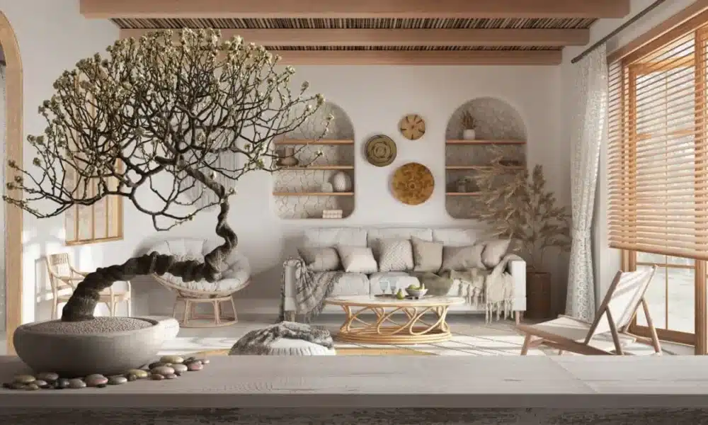 Vintage wooden table shelf with pebble 1200x675 1