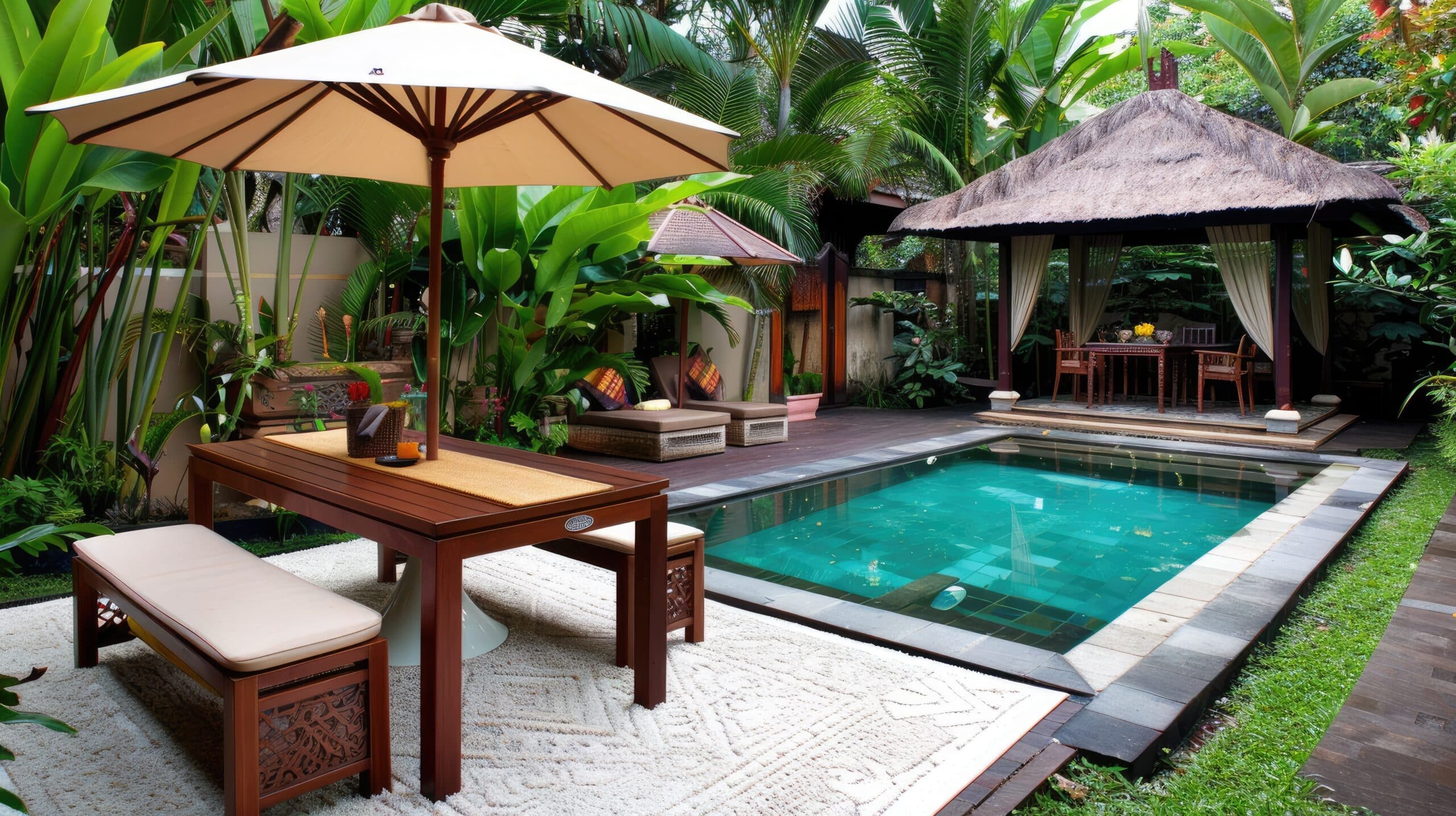 A white umbrella on a patio with a pool and a gazebo