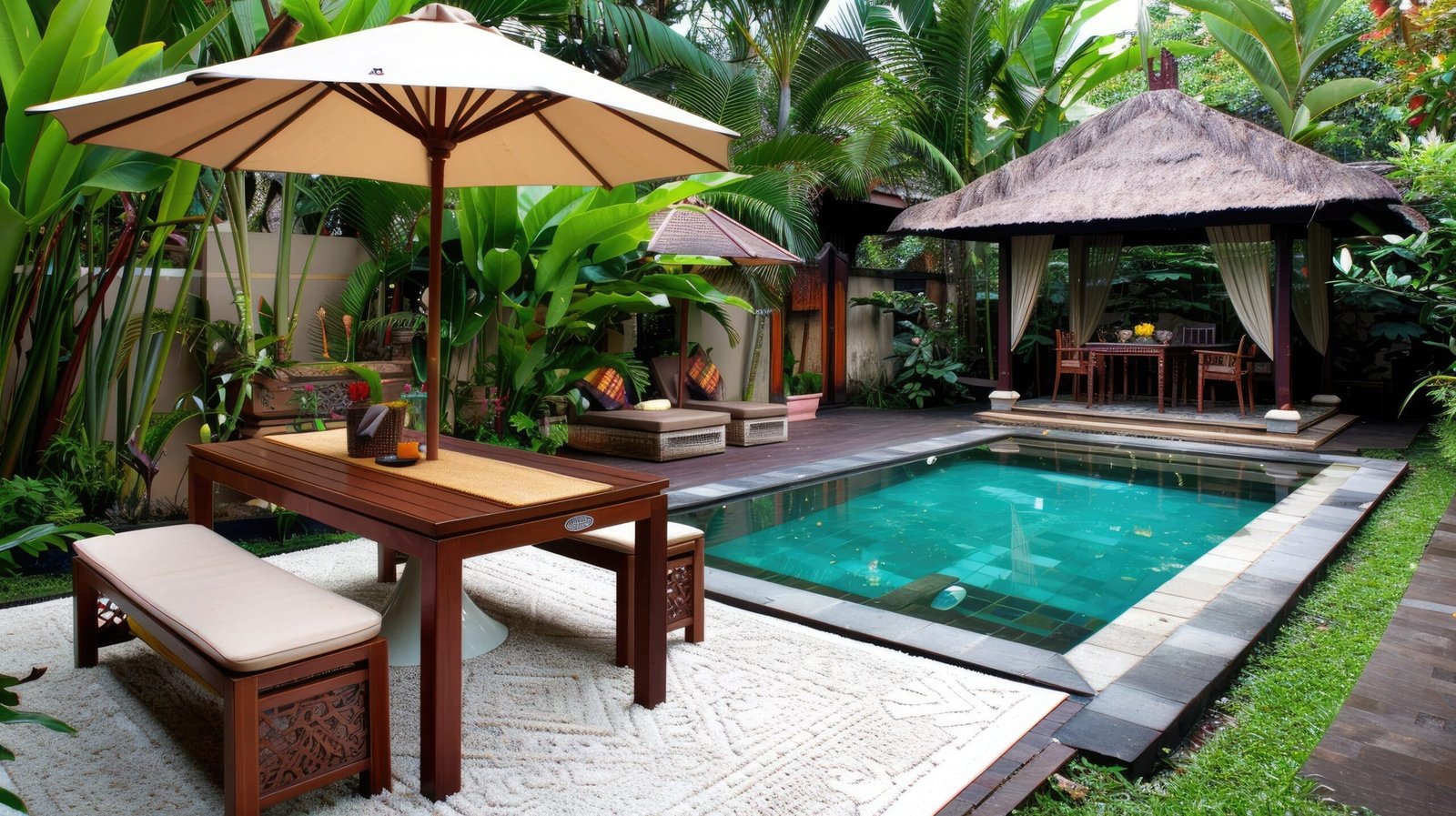 A white umbrella on a patio with a pool and a gazebo A white umbrella on a patio with a pool and a gazebo
