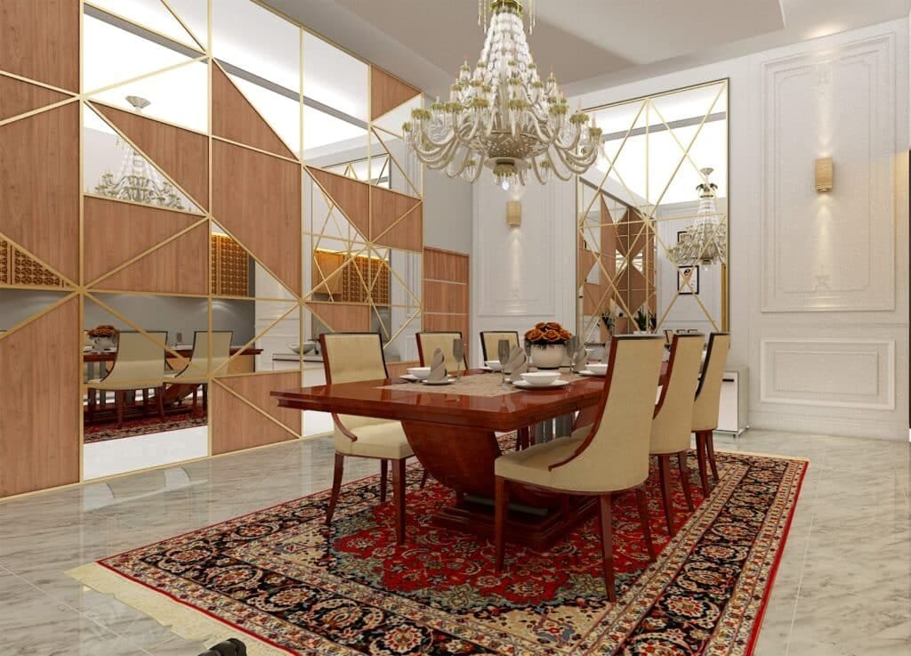 Dining room interior design with a modern mirror Dining room interior design with a modern mirror