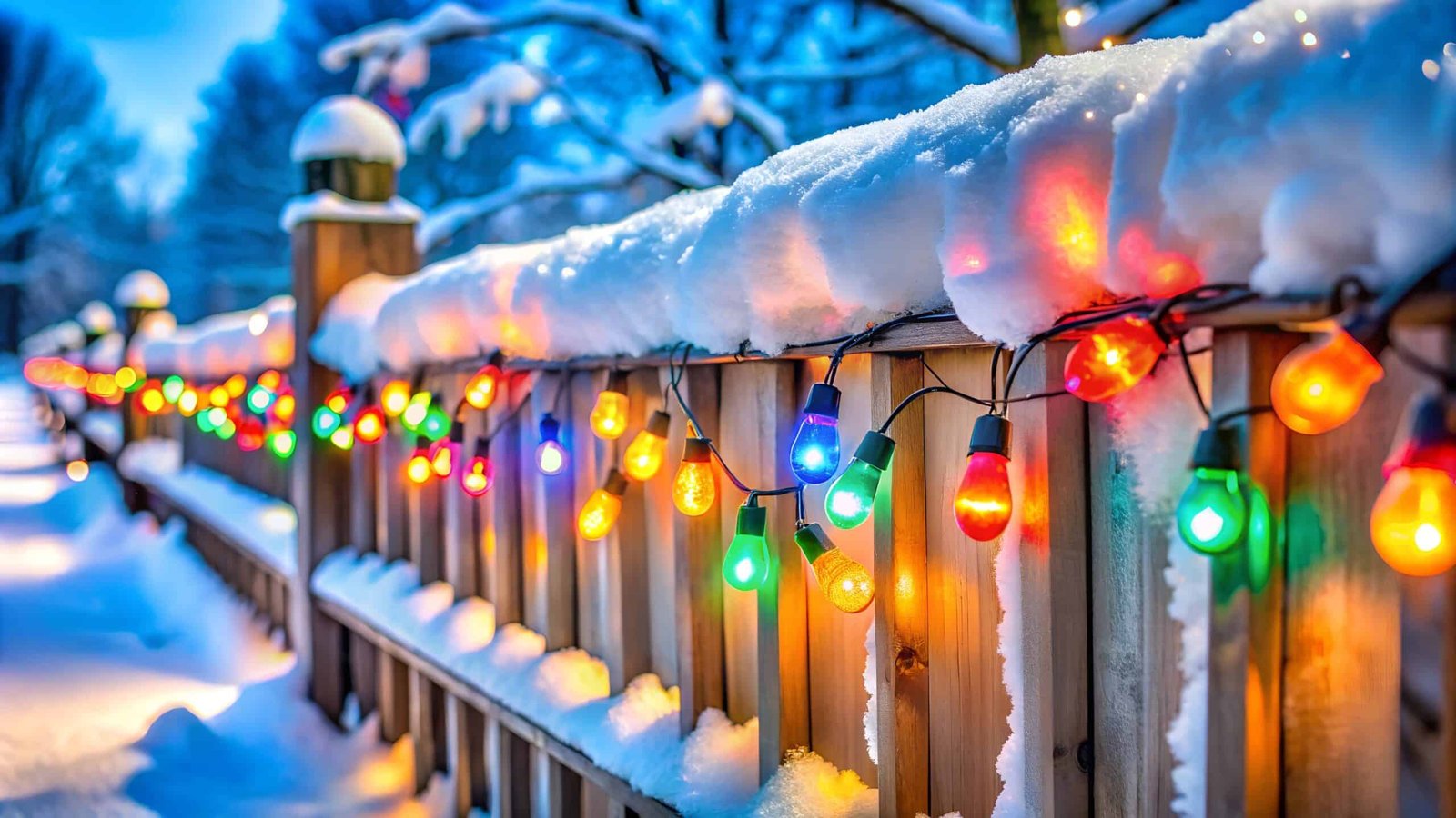 A charming fence colorful Christmas lights A charming fence colorful Christmas lights