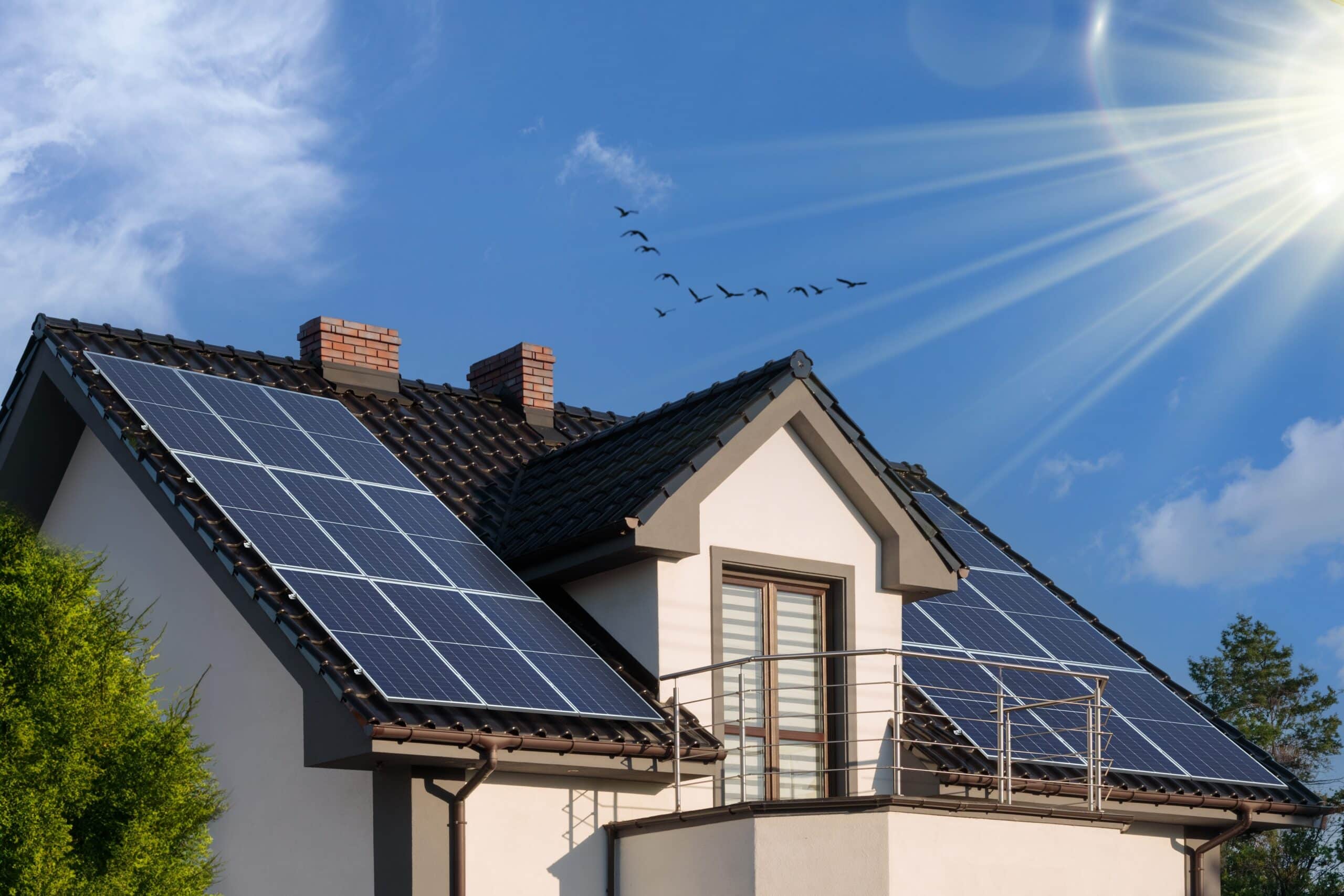 Modern house with install solar energy panels