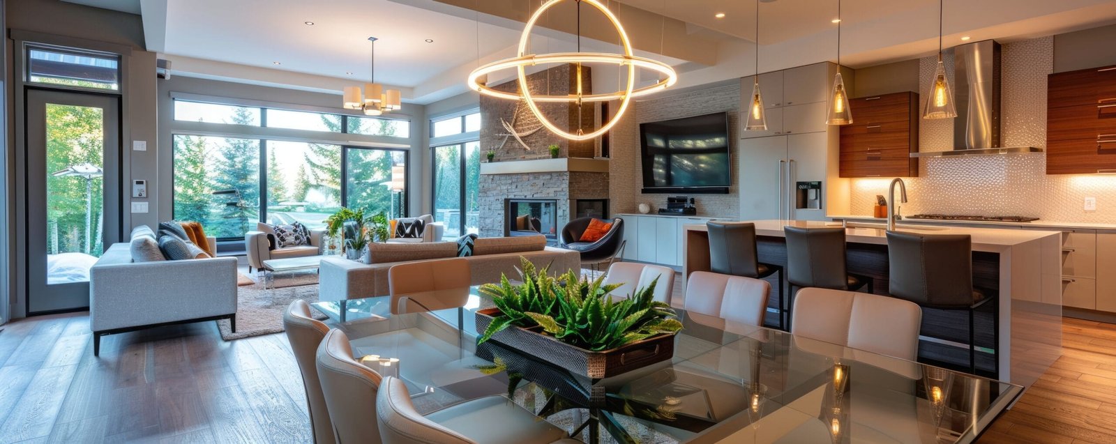 Open living room with glass dining table Open living room with glass dining table