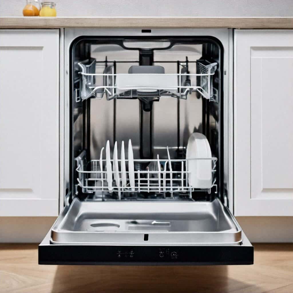 a dishwasher with a dishwasher open