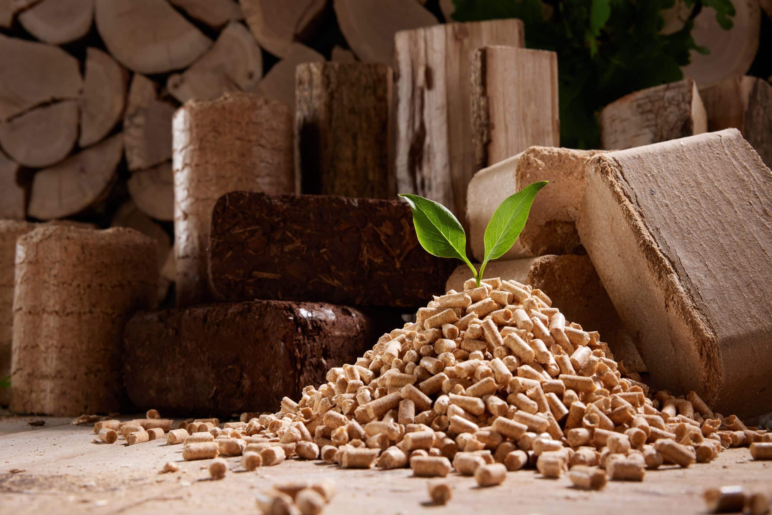 A pile of wood pellets with a plant growing out of it