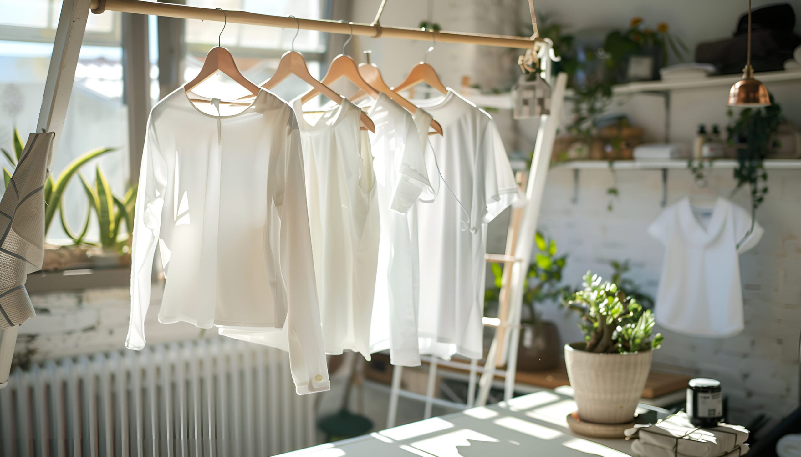 Clean laundry hanging on drying rack 