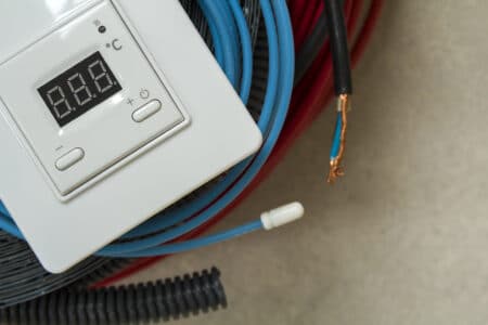 Heating floor system wires, cables and control thermostat