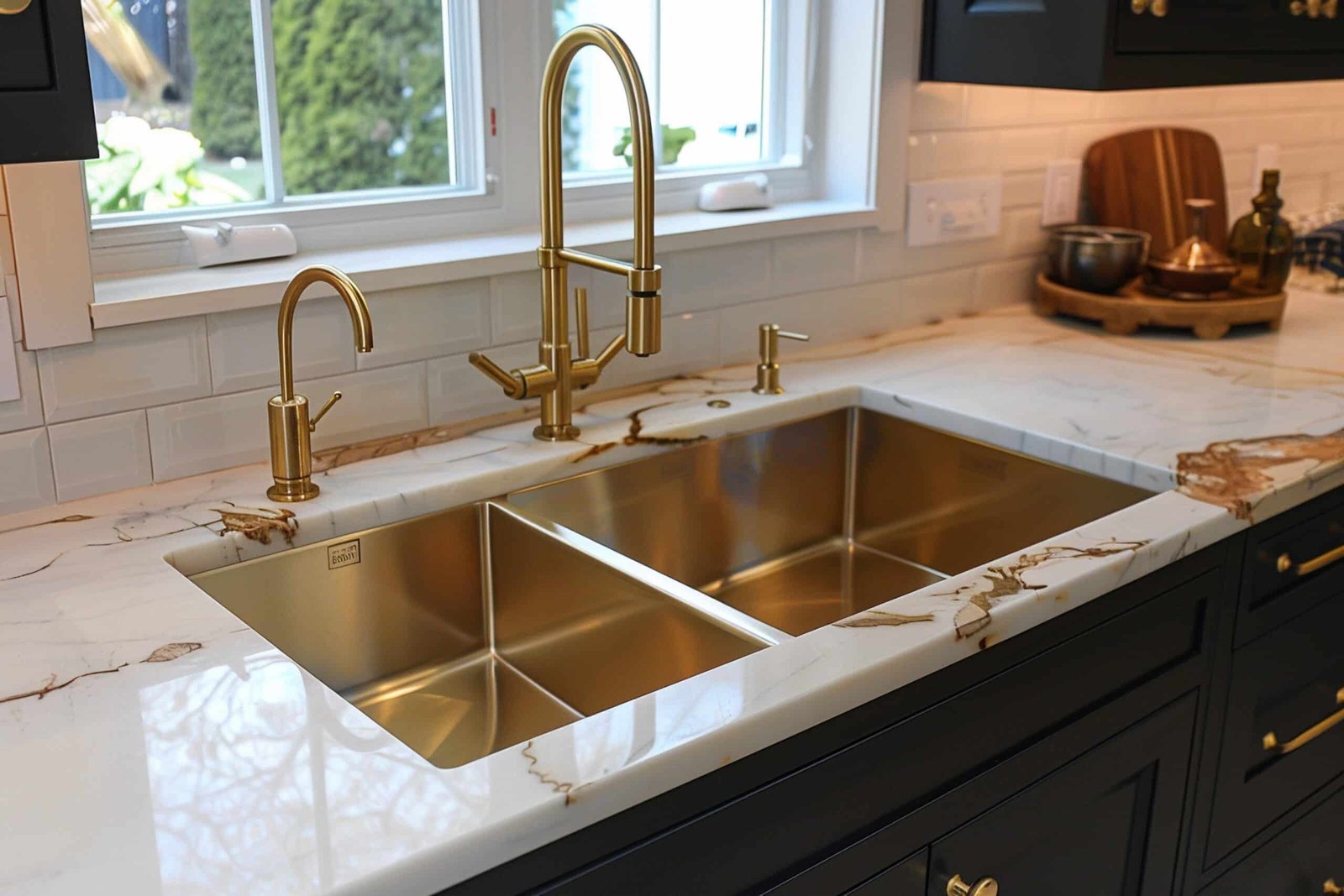 Modern Kitchen Sink with Gold Fixtures and Marble Countertop Kitchen Sink Styles