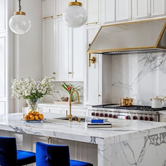 Transitional kitchen with custom kitchen hood