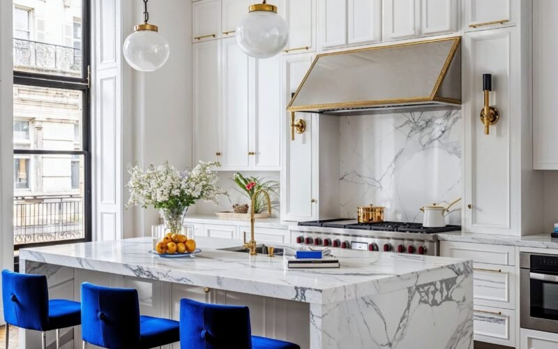 Transitional kitchen with custom kitchen hood