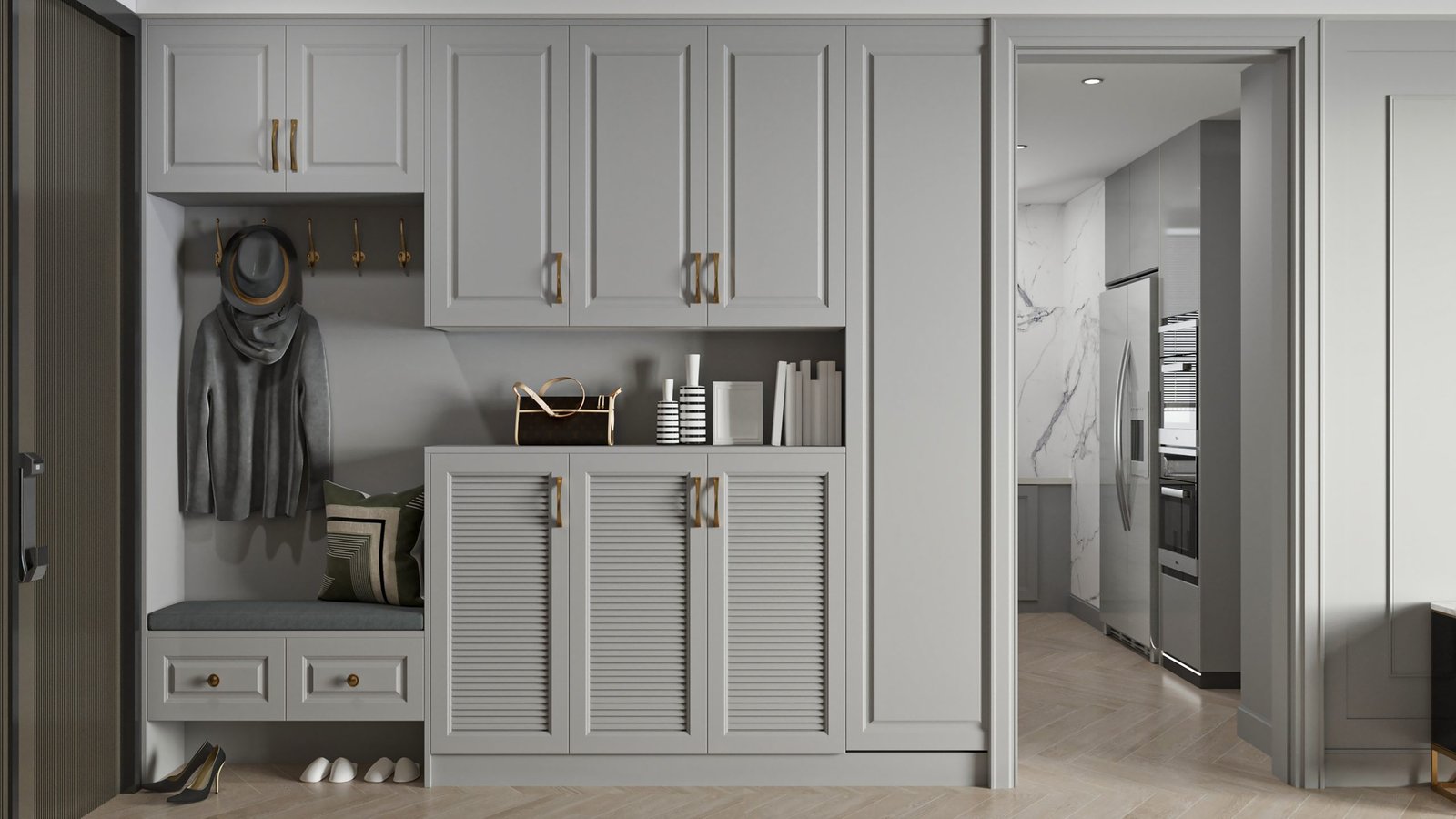 Modern Gray Entryway with Built-in Storage