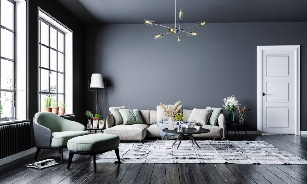 Modern living room design against a gray wall scaled 1