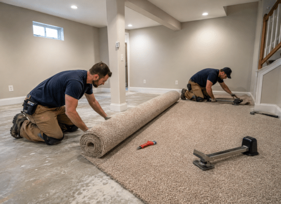 Contractors installing carpet in the basement