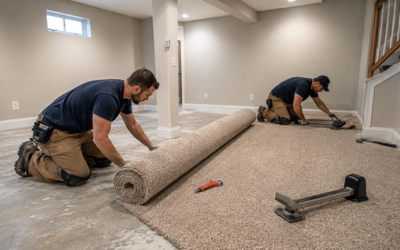 Contractors installing carpet in the basement