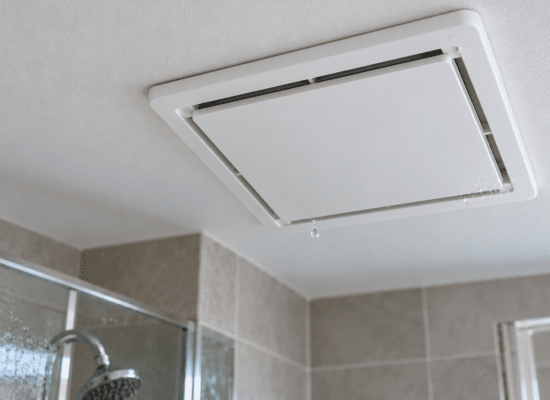 Minimalist bathroom fan, subtle moisture